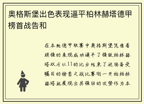 奥格斯堡出色表现逼平柏林赫塔德甲榜首战告和